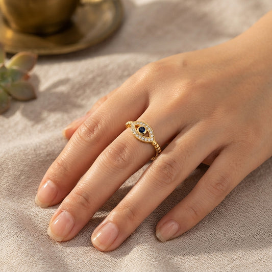 Blue Evil Eye Zircon Crystals Open Ring Adjustable in Gold Tone
