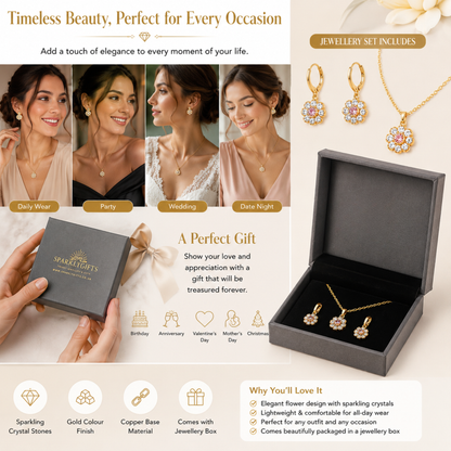 Flower Zircon Crystals Necklace and Huggies Earring Gold Tone 2 Pcs Jewellery Set