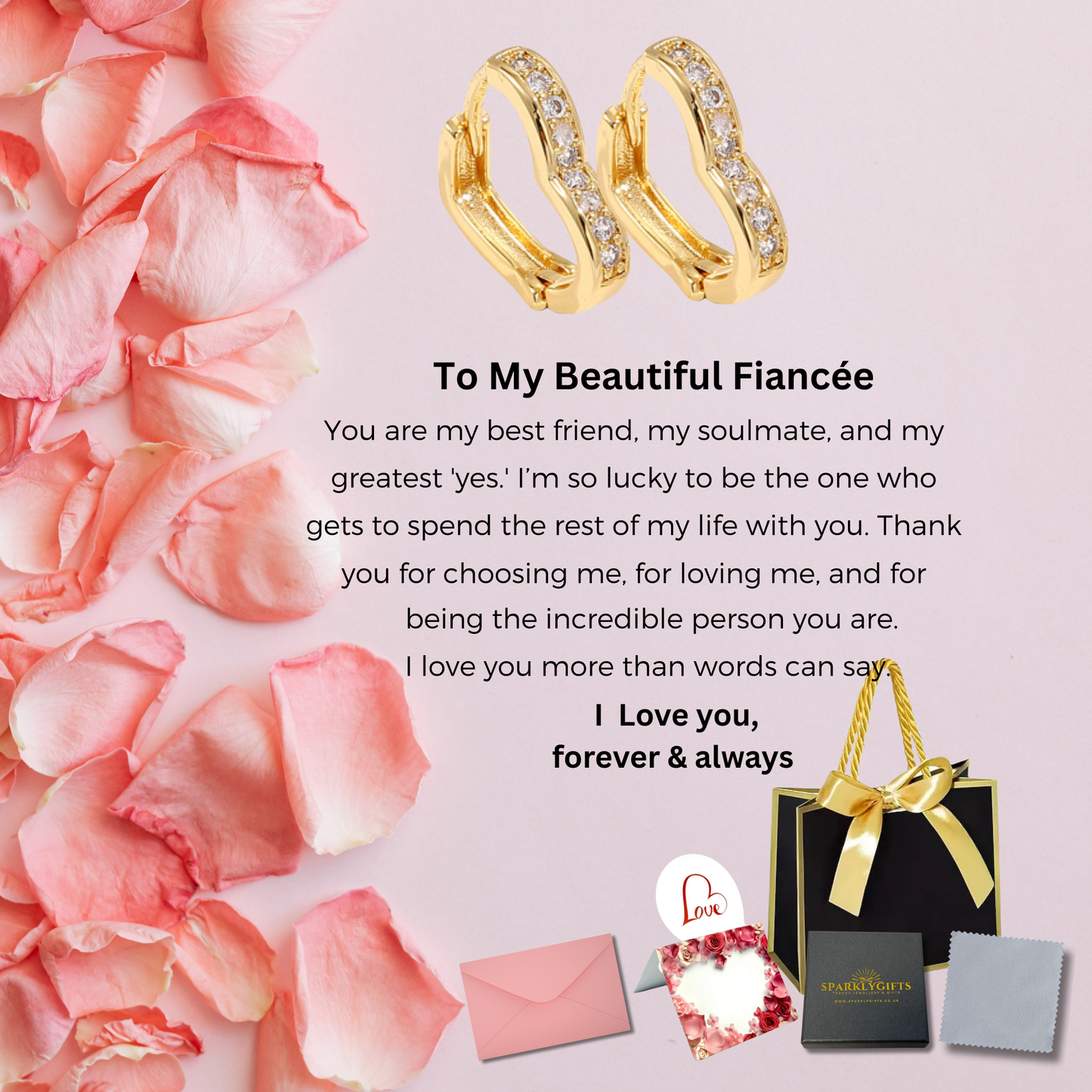 Sparkle Heart Earrings in Gold With Message Card For Fiancee Valentine's Day Gift