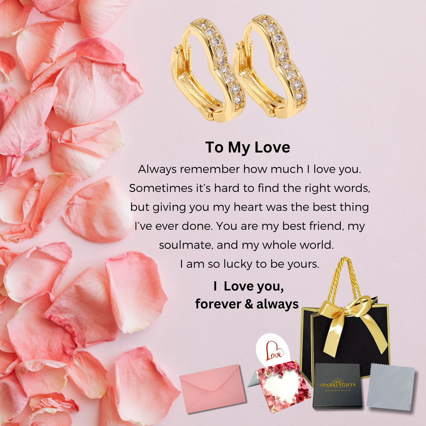 Sparkle Heart Earrings in Gold With Message Card For My Love Valentine's Day Gift