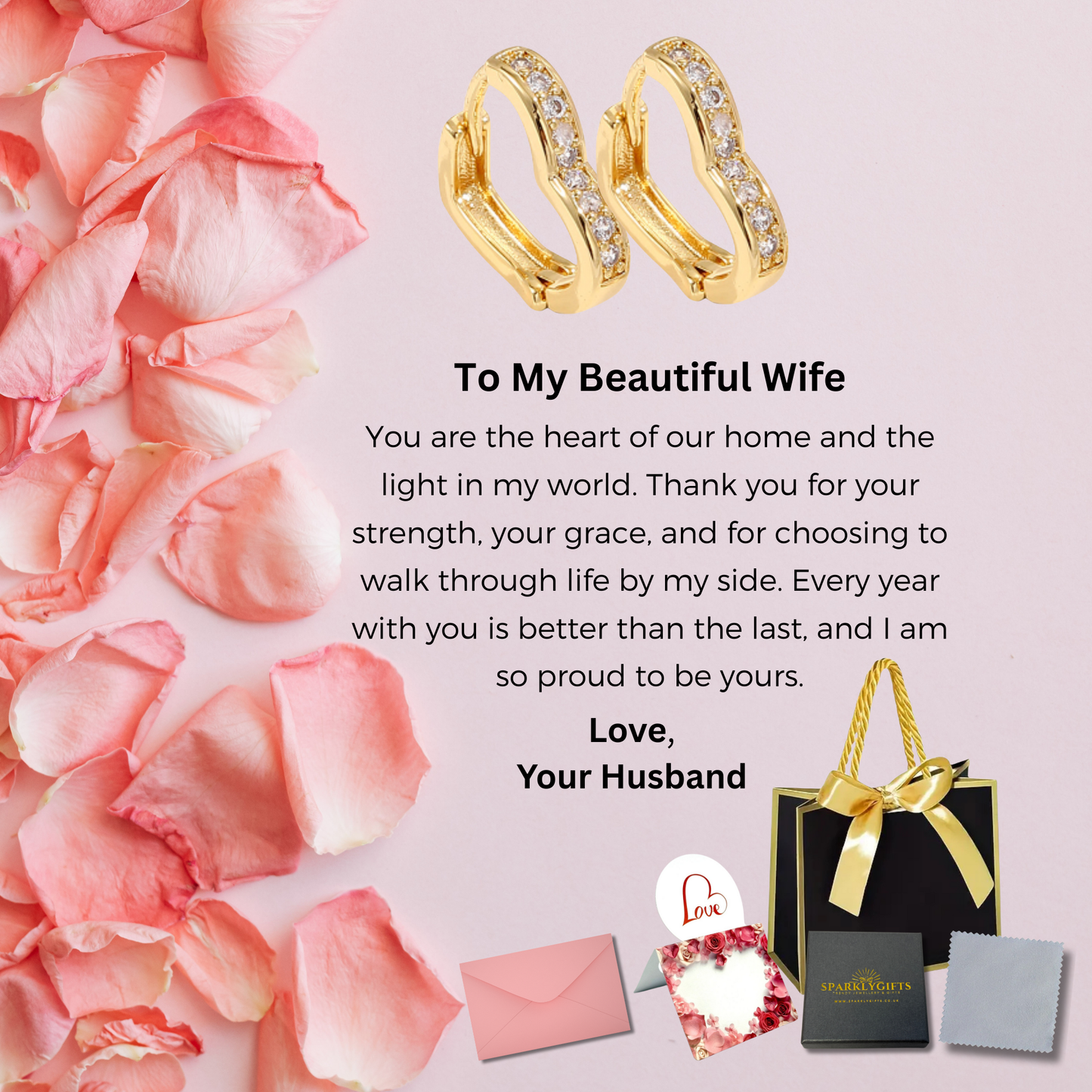 Sparkle Heart Earrings in Gold With Message Card For Wife Valentine's Day Gift
