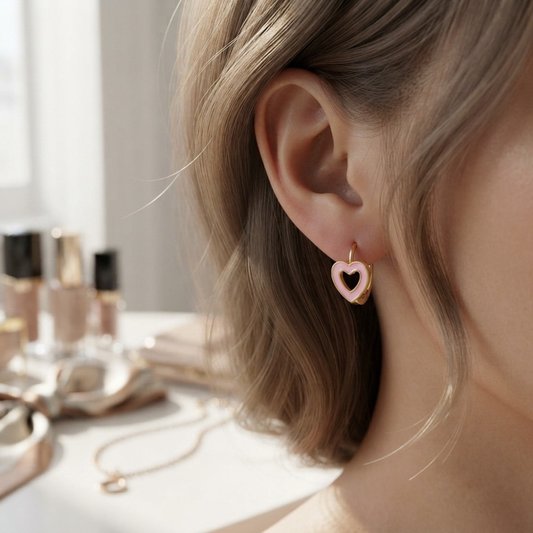 Pink Enamel Love Heart Huggie Hoop Gold Plated Earrings