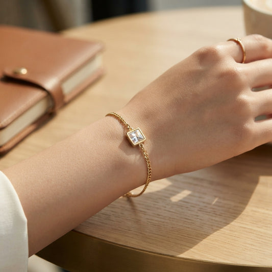 Princess Cut Square Zircon Crystals Gold Tone Bracelet