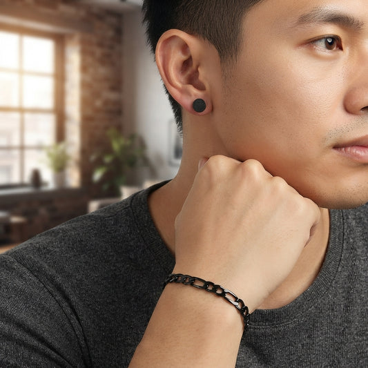 Men Stainless Steel Black Chunky Chain Links Bracelet And Titanium Steel Matte Round Stud Earrings Set