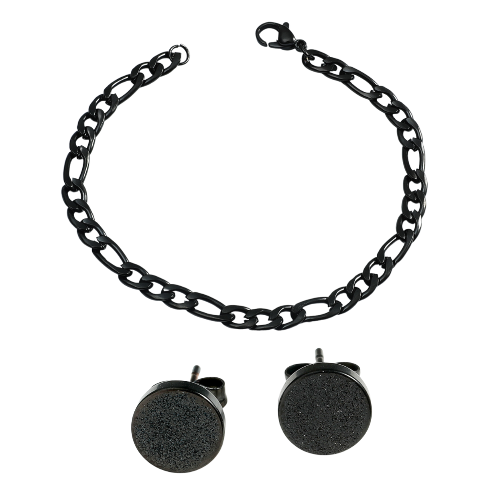 Men Stainless Steel Black Chunky Chain Links Bracelet And Titanium Steel Matte Round Stud Earrings Set