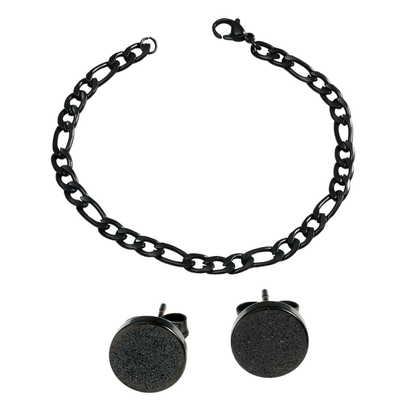 Men Stainless Steel Black Chunky Chain Links Bracelet And Titanium Steel Matte Round Stud Earrings Set