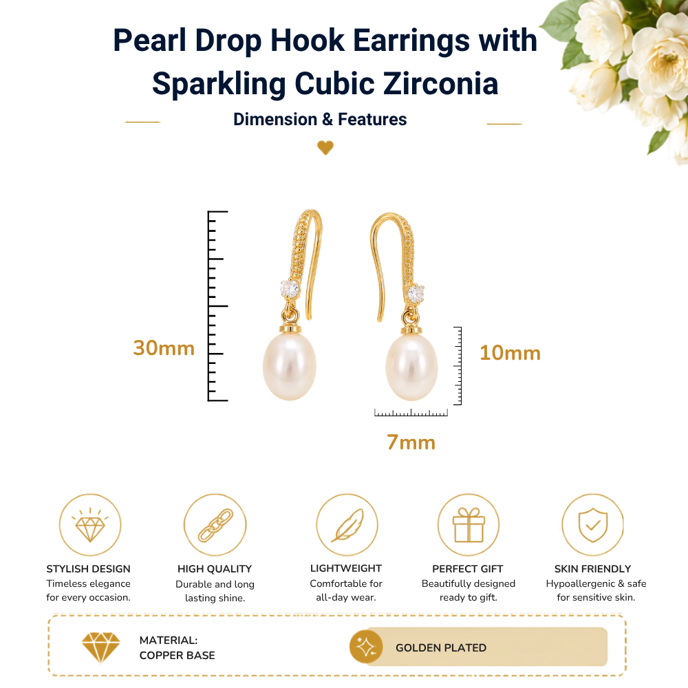 Pearl Drop Hook Zircon Crystals Gold Plated Earrings