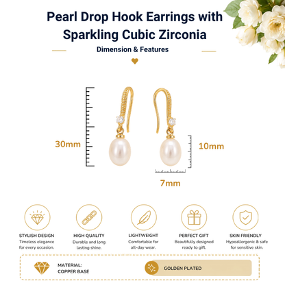 Pearl Drop Hook Zircon Crystals Gold Plated Earrings