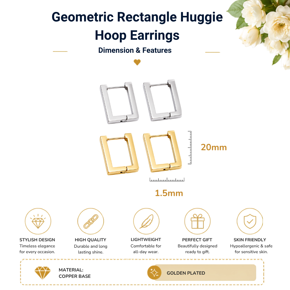 Rectangle Hoop Earrings In Gold or Silver