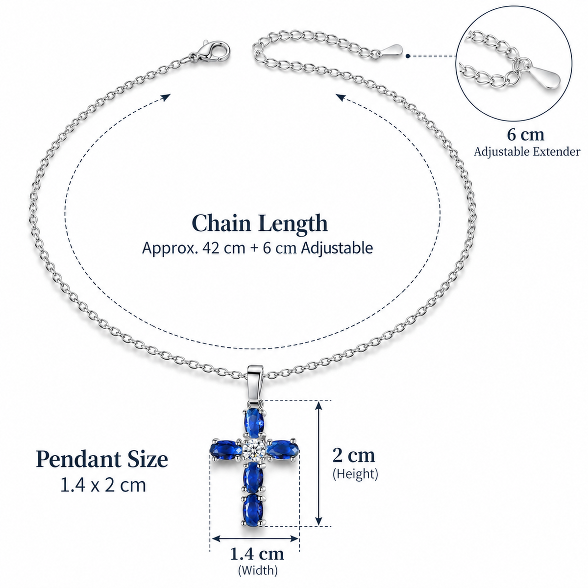 Beautiful Blue Sapphire Crystal Cross Silver Pendant Necklace