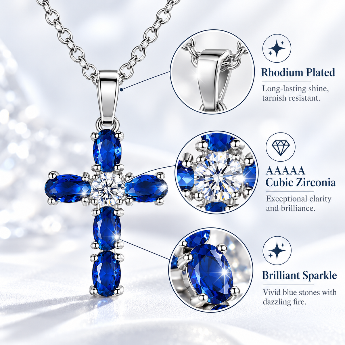 Beautiful Blue Sapphire Crystal Cross Silver Pendant Necklace