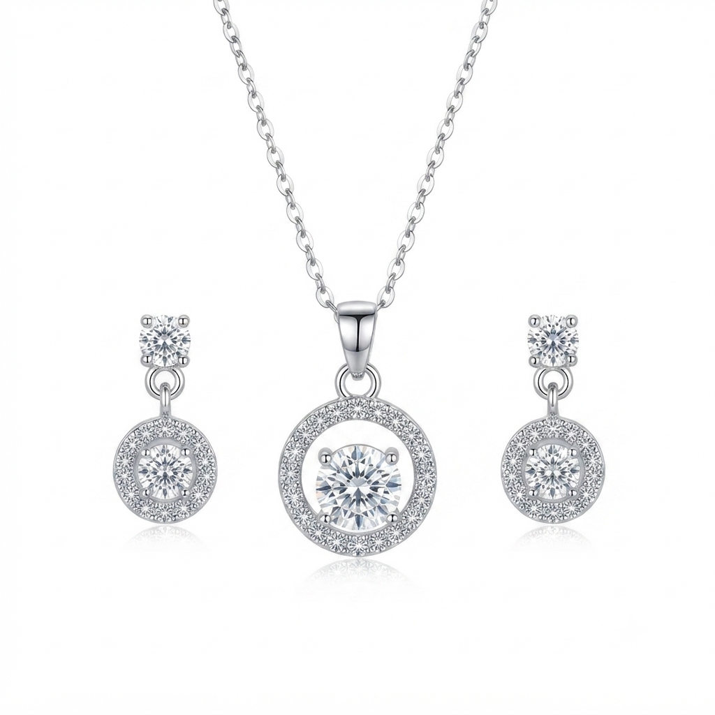 Silver Tone Cubic Zirconia Halo Clear Crystal Pendant Necklace and Earrings Set