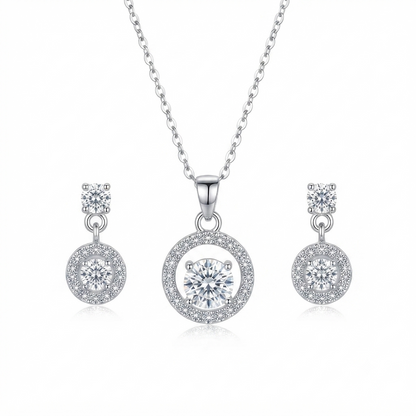Silver Tone Cubic Zirconia Halo Clear Crystal Pendant Necklace and Earrings Set