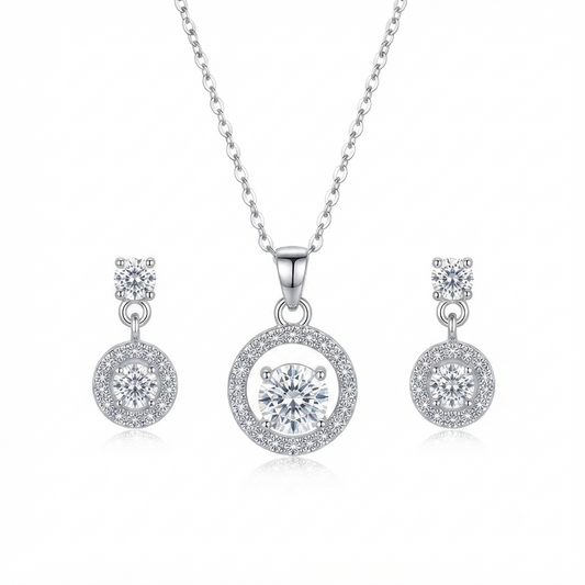 Silver Tone Cubic Zirconia Halo Clear Crystal Pendant Necklace and Earrings Set