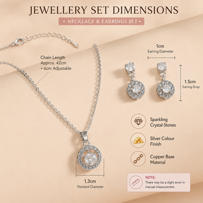 Silver Tone Cubic Zirconia Halo Clear Crystal Pendant Necklace and Earrings Set