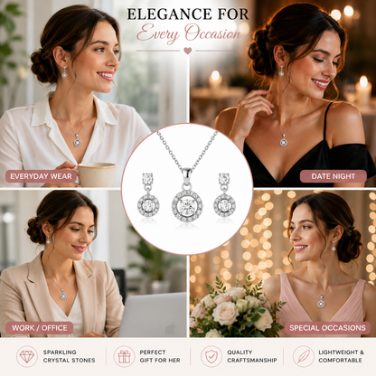 Silver Tone Cubic Zirconia Halo Clear Crystal Pendant Necklace and Earrings Set