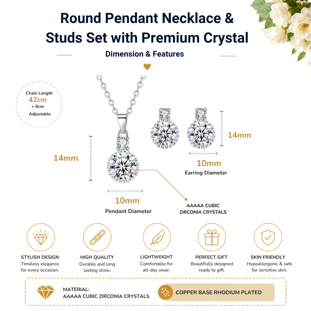 Elegant Sparkling Round Crystal Pendant Necklace and Stud Earrings Set