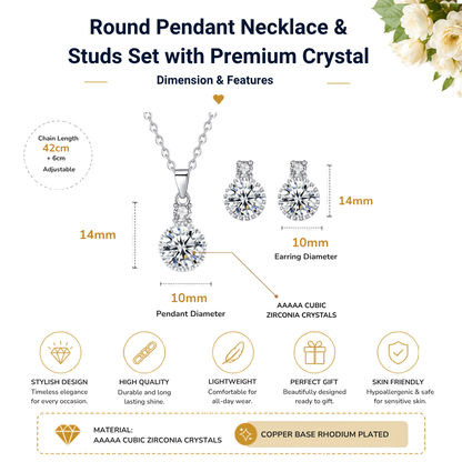 Elegant Sparkling Round Crystal Pendant Necklace and Stud Earrings Set