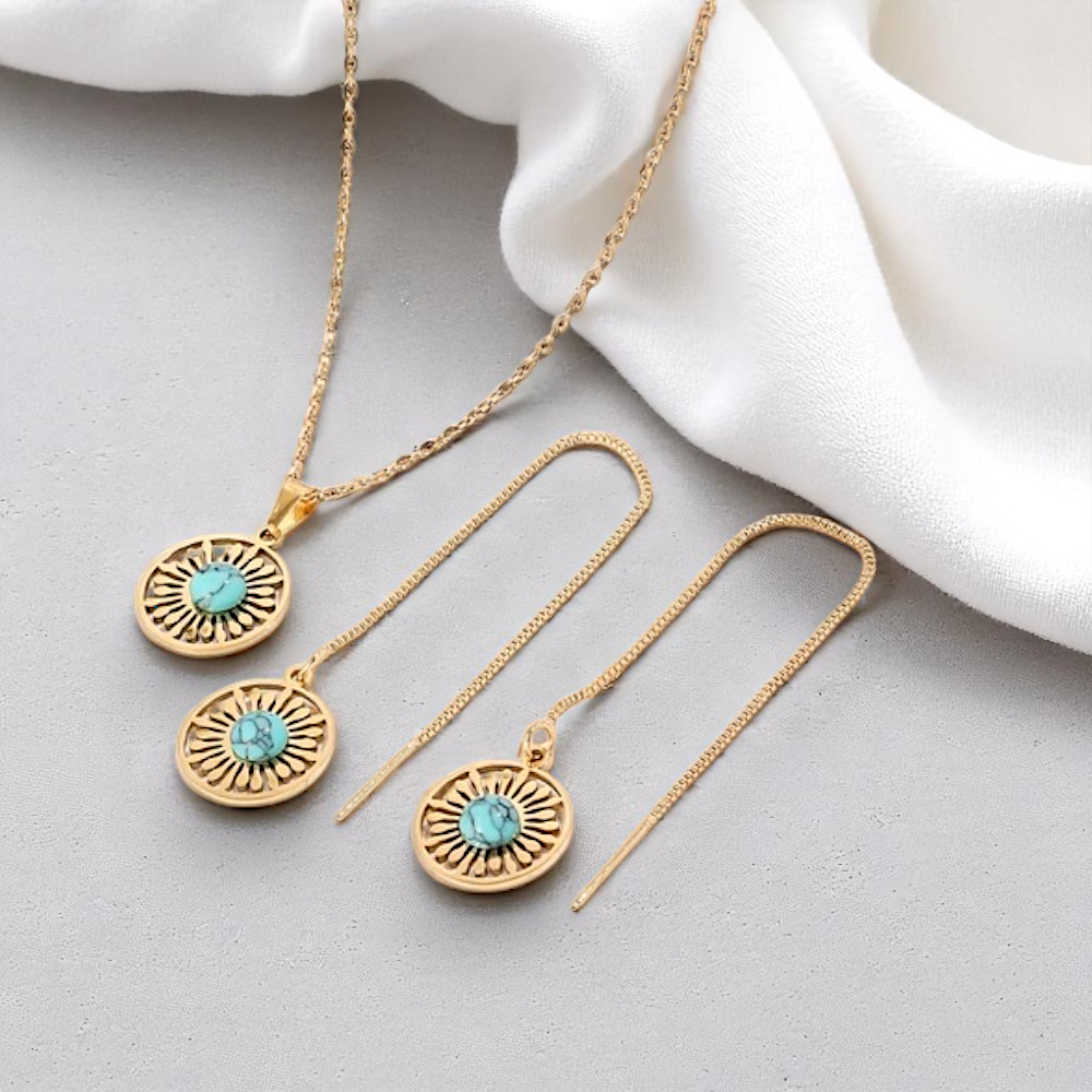 Natural Turquoise Stone Gold Tone Round Necklace and Earrings Set