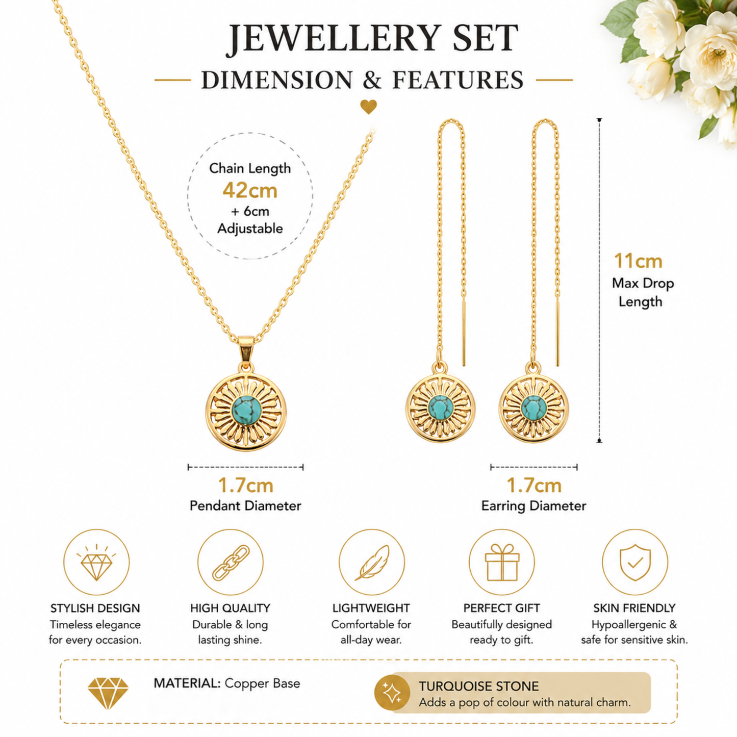 Natural Turquoise Stone Gold Tone Round Necklace and Earrings Set