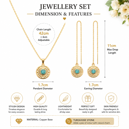 Natural Turquoise Stone Gold Tone Round Necklace and Earrings Set