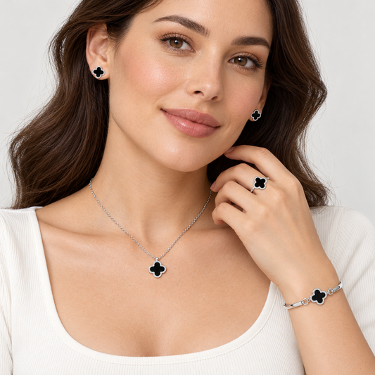 Elegant Black Four Leaf Clover Necklace, Earring, Bracelet and Ring Silver Tone Jewellery Set