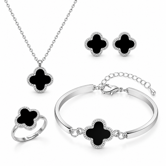 Elegant Black Four Leaf Clover Necklace, Earring, Bracelet and Ring Silver Tone Jewellery Set