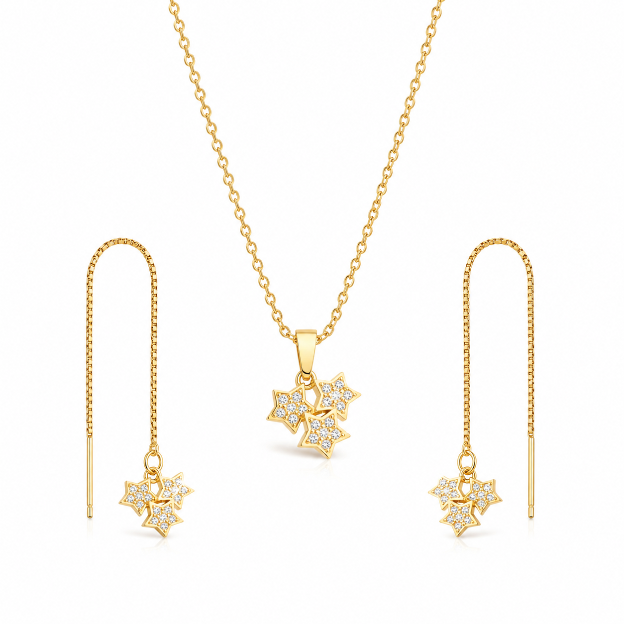 Beautiful Gold Tone Three Stars With Crystals Pendant Necklace and Earrings Set