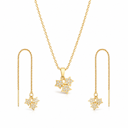 Beautiful Gold Tone Three Stars With Crystals Pendant Necklace and Earrings Set