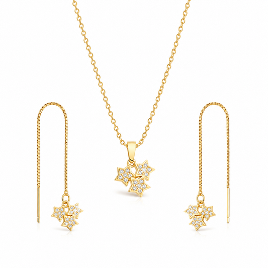 Beautiful Gold Tone Three Stars With Crystals Pendant Necklace and Earrings Set