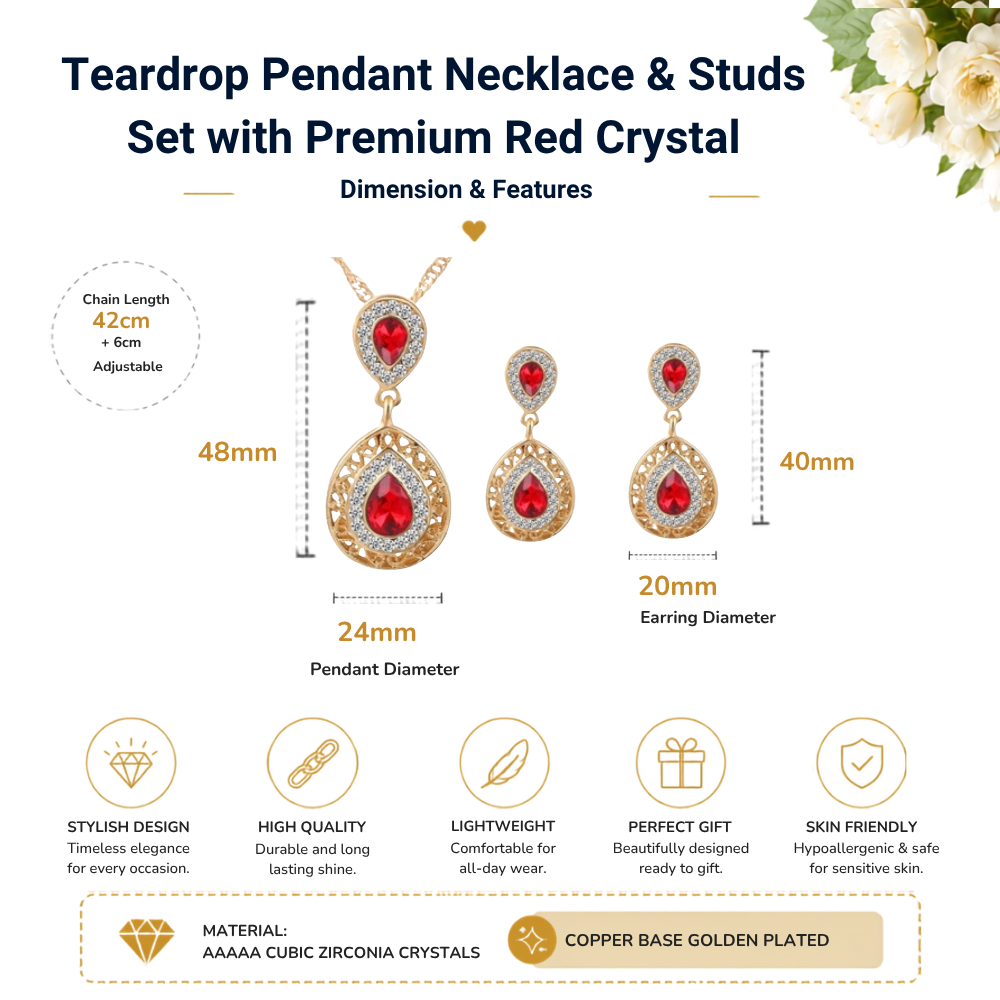 Gold Tone Women Red Water Drop Crystal Pendant Necklace and Earrings Set