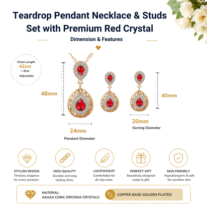 Gold Tone Women Red Water Drop Crystal Pendant Necklace and Earrings Set