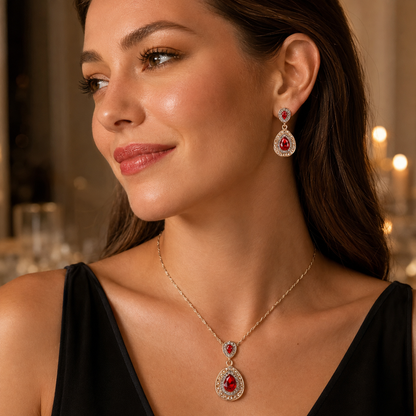 Gold Tone Women Red Water Drop Crystal Pendant Necklace and Earrings Set