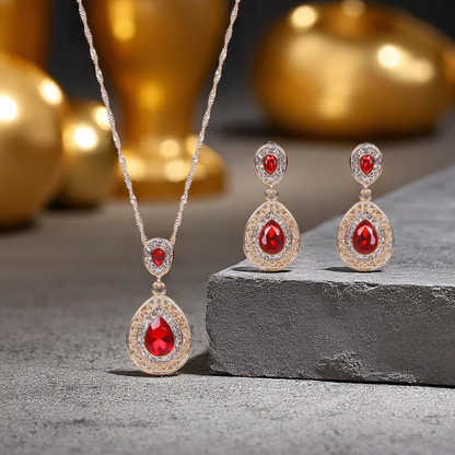 Gold Tone Women Red Water Drop Crystal Pendant Necklace and Earrings Set
