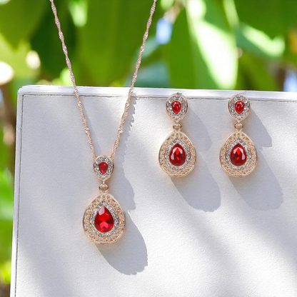Gold Tone Women Red Water Drop Crystal Pendant Necklace and Earrings Set