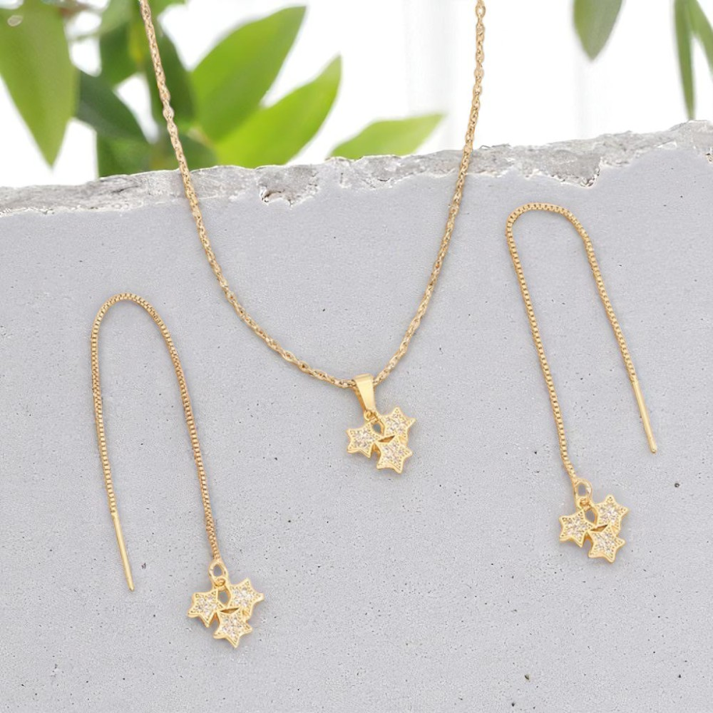 Beautiful Gold Tone Three Stars With Crystals Pendant Necklace and Earrings Set