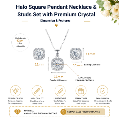 Silver Tone Square Crystal Pendant Necklace and Stud Earrings Set