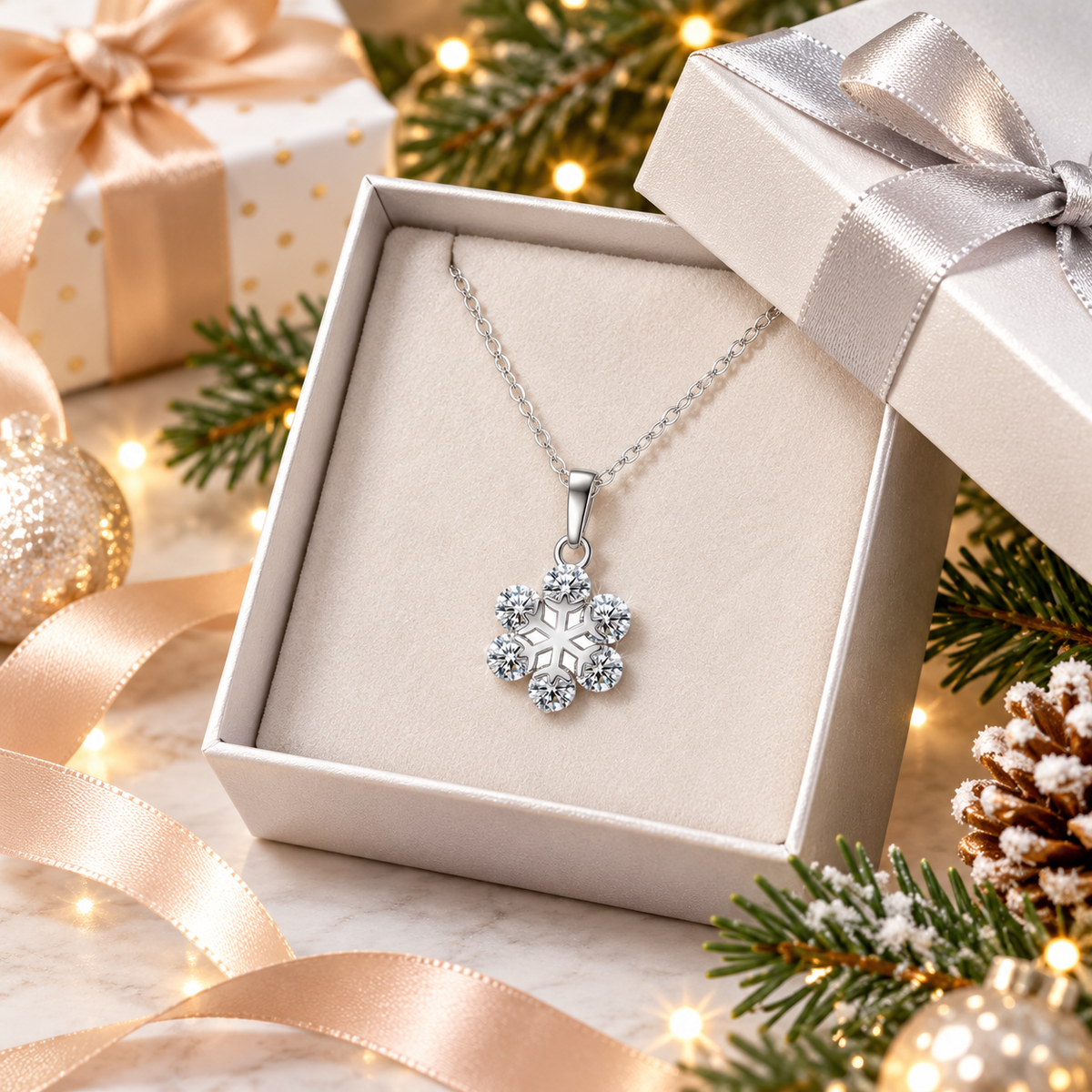 Beautiful Snowflake Zirconia Crystal Silver Pendant Necklace