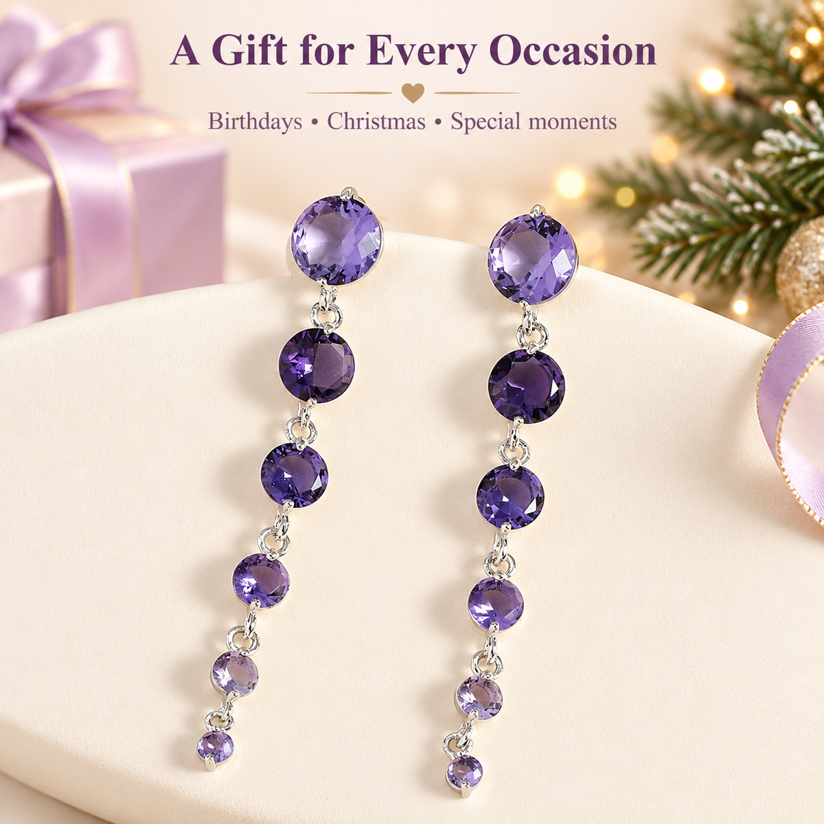 Round Purple Crystal Dangle Drop Chain Earrings