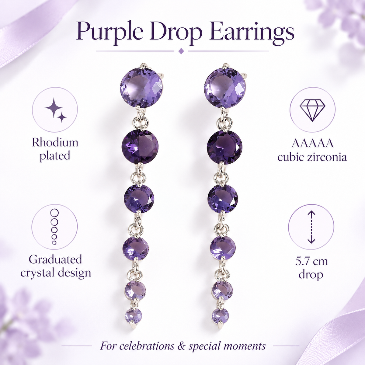 Round Purple Crystal Dangle Drop Chain Earrings