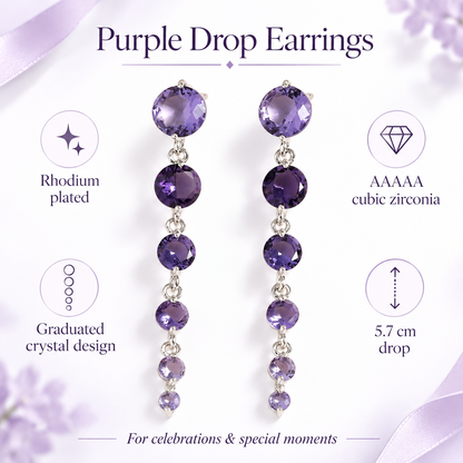 Round Purple Crystal Dangle Drop Chain Earrings