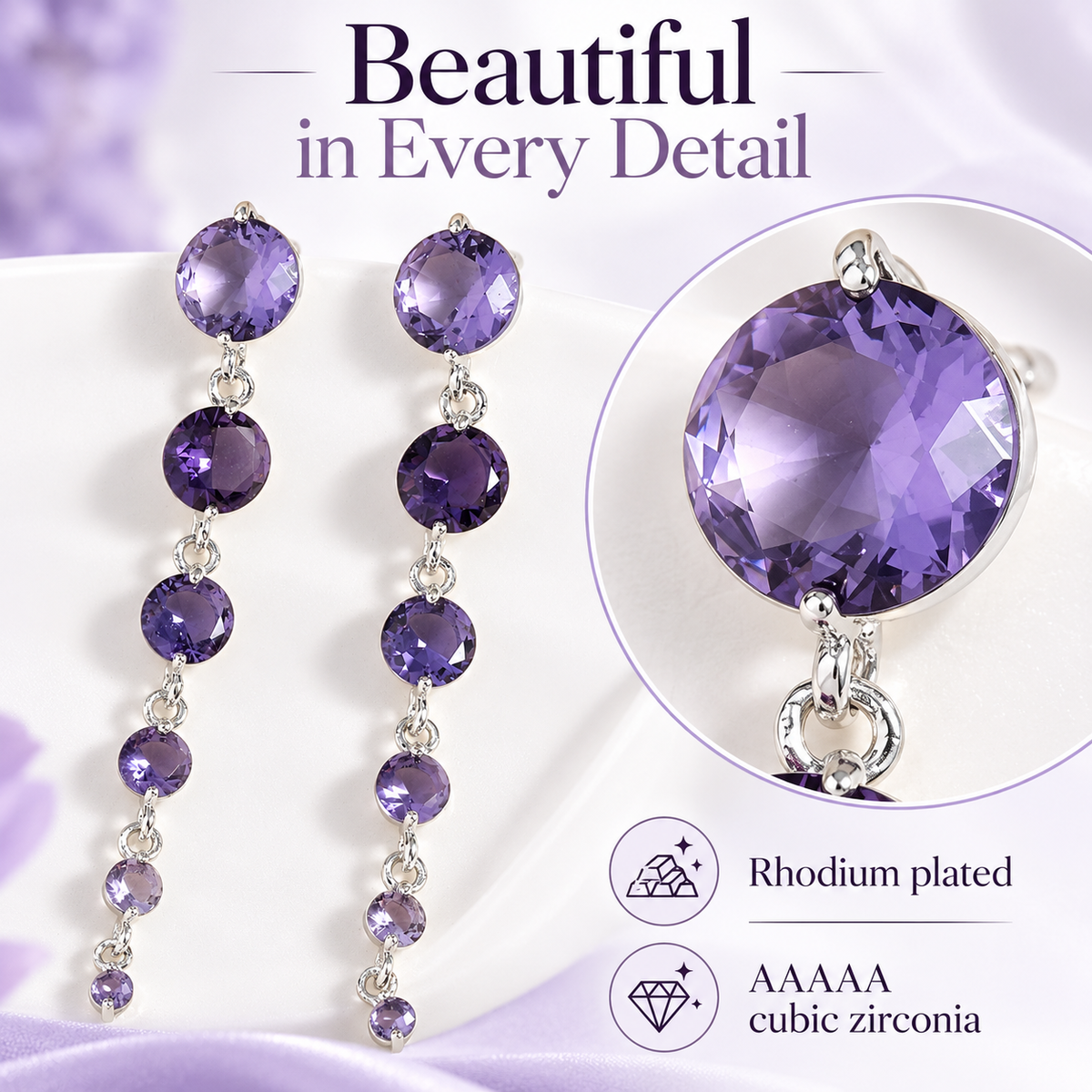 Round Purple Crystal Dangle Drop Chain Earrings
