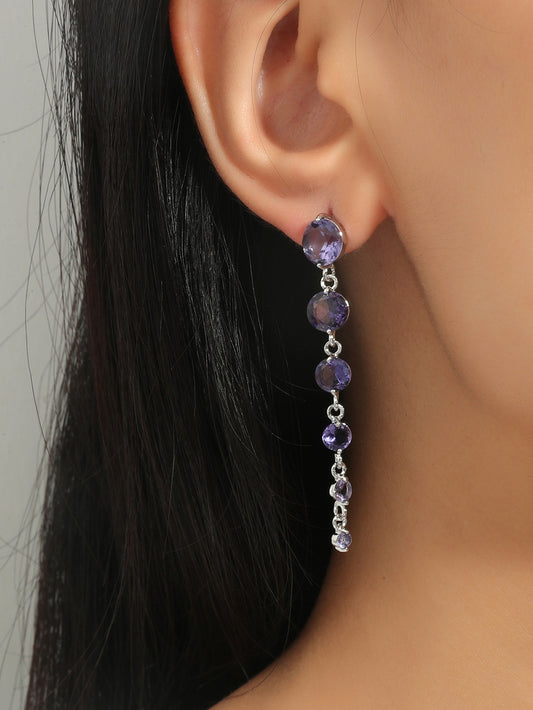 Round Purple Crystal Dangle Drop Chain Earrings