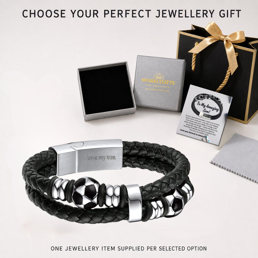 Bracelet For Son FootBall Theme Engraved Leather Stainless steel with Personalised Message