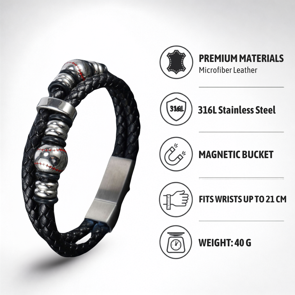 Stylish Men’s Black Leather Beads Bracelet In Baseball Pattern