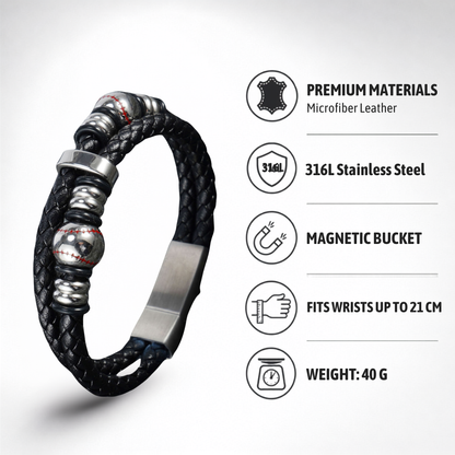 Stylish Men’s Black Leather Beads Bracelet In Baseball Pattern