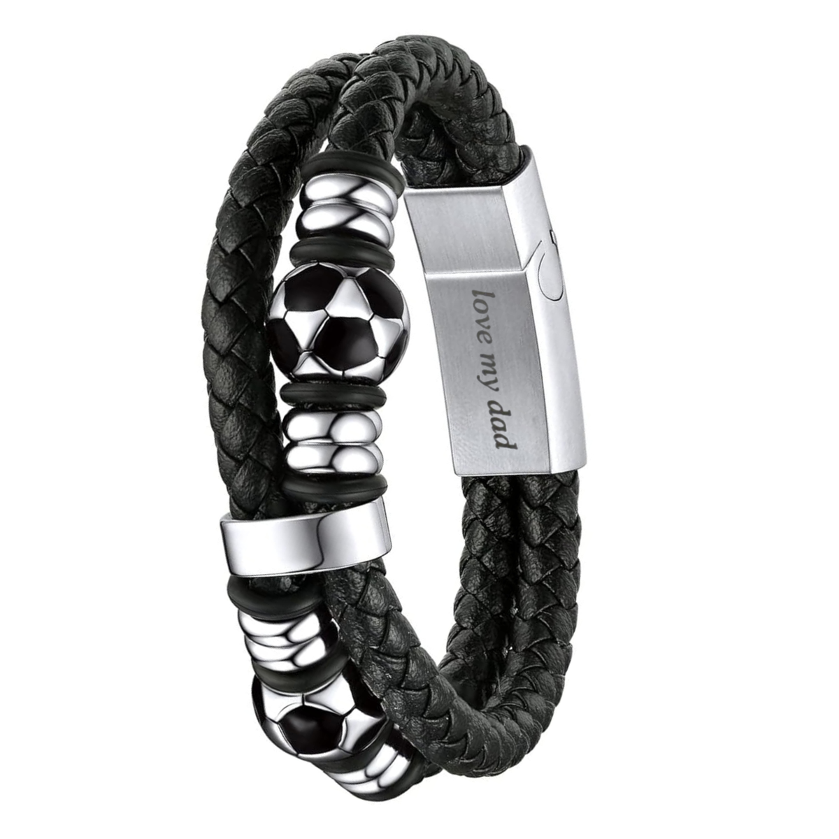 Men’s Black Leather Football Beads Bracelet with Engraved Messages – A Timeless Gift with a Personal Touch