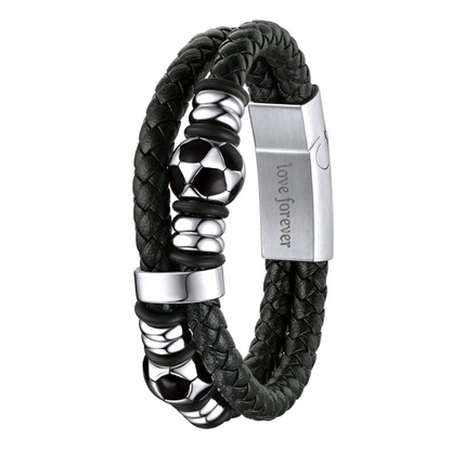 Men’s Black Leather Football Beads Bracelet with Engraved Messages – A Timeless Gift with a Personal Touch