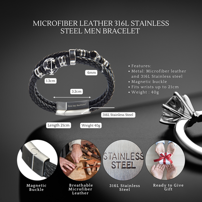 Stainless Steel Leather Bracelet Engraved To My Fiance for Valentine's Day