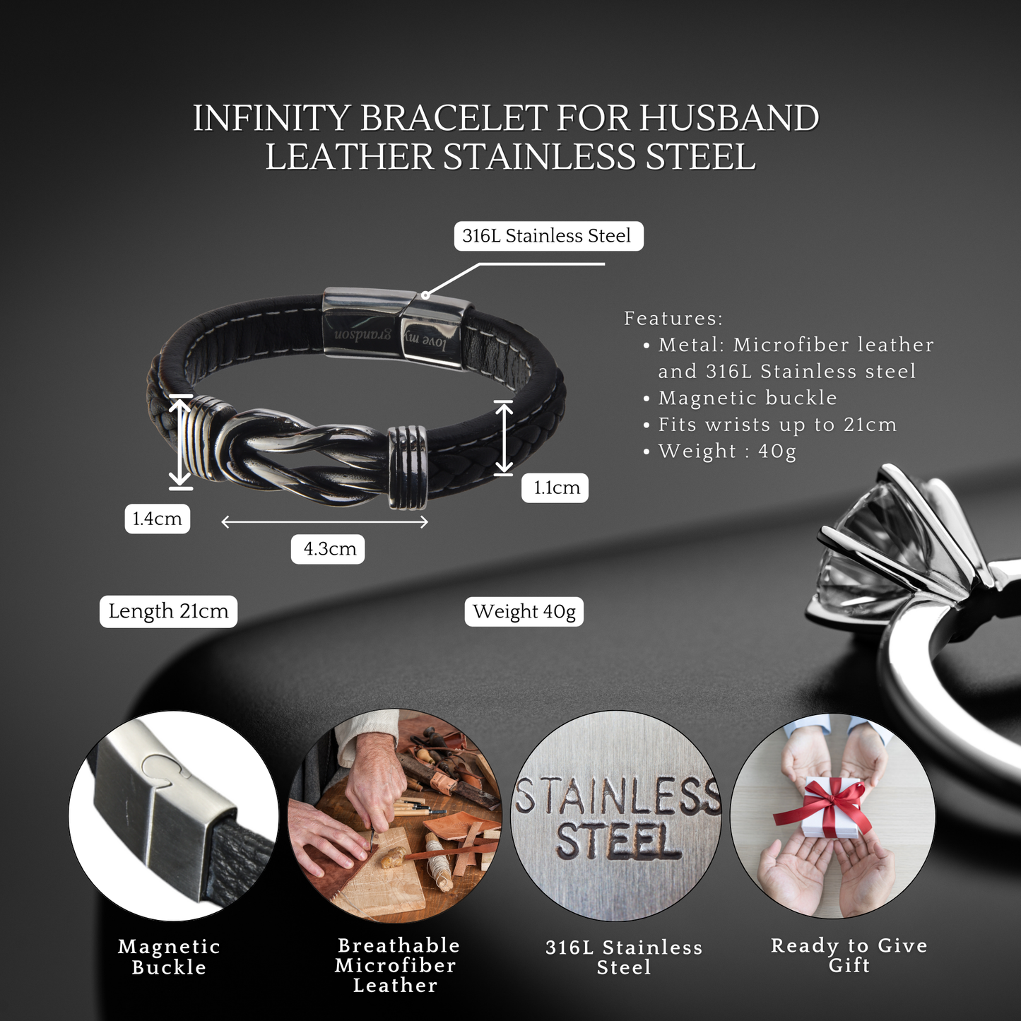 Stainless Steel Leather Bracelet Engraved for Husband Valentine's Day
